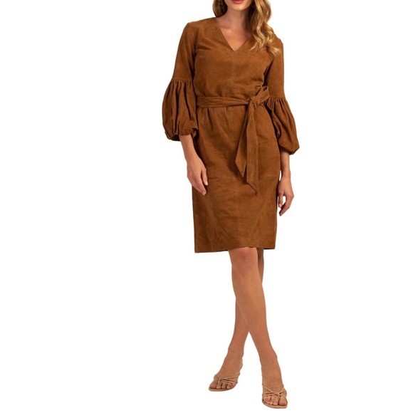 Trina Turk Brown Suede leather Balloon Sleeve Belted Midi Dress Size 6 Priya